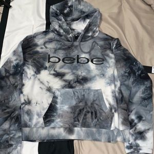 BLACK GREY WHITE TIE DYE BEBE SPORT LOGO CROPPED HOODIE SWEATSHIRT NWT $89